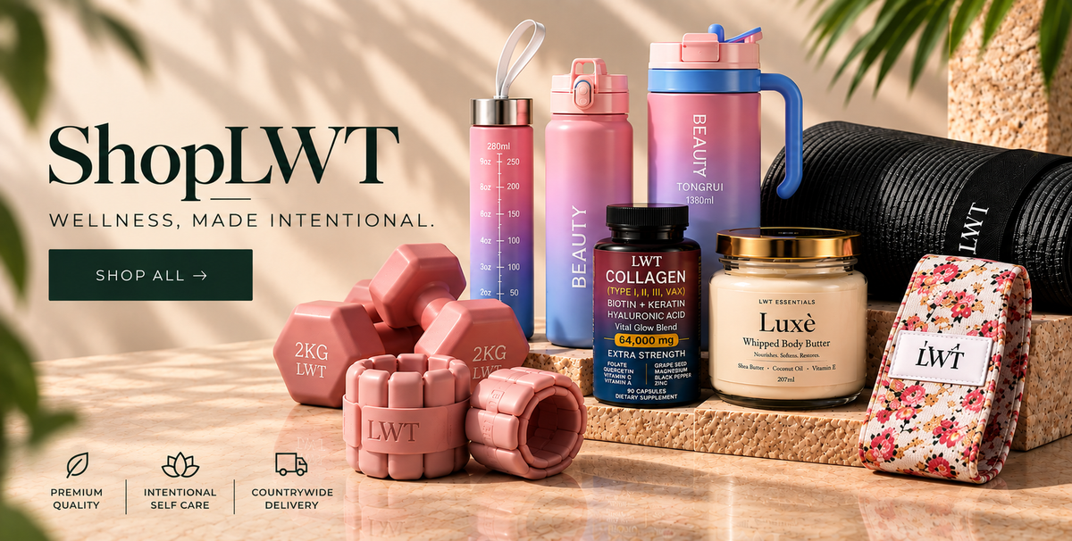ShopLWT wellness collection hero with fitness, hydration, collagen and body care products